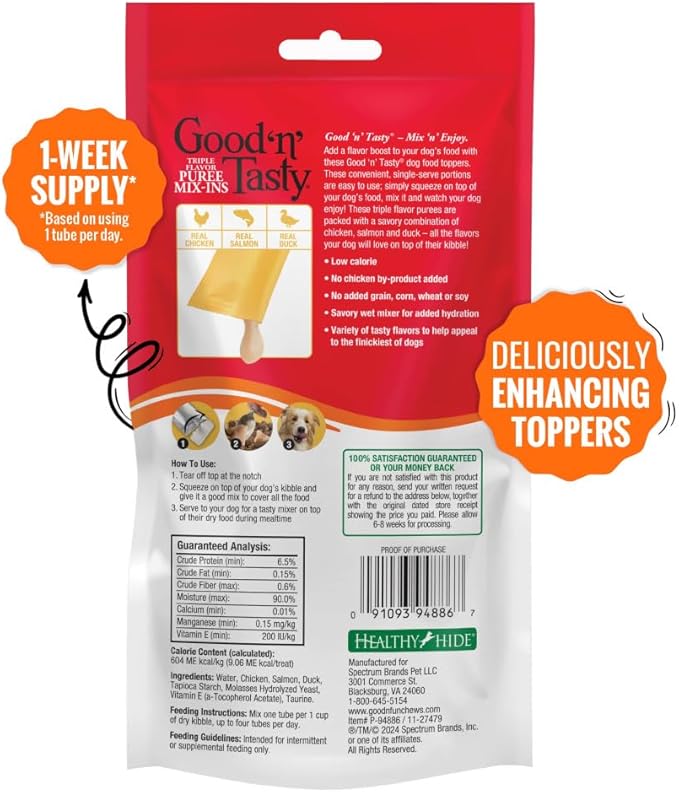 Good 'n' Tasty Triple Flavor Puree Mix-Ins Dog Food Topper Treats for All Dogs, 7 Count, Easy Single-Serve Portions, Added Protein with Chicken, Salmon and Duck