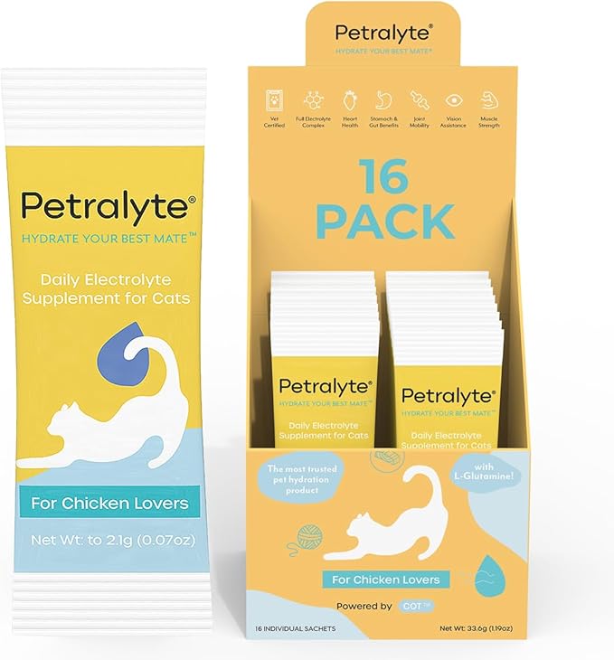 Petralyte Cat Hydration Electrolyte and Cat Joint Supplement | Hydration Support for Cats w/Glucosamine, Chondroitin, L-Glutamine, Taurine, Lysine & Prebiotics | for Chicken Lovers | 16 Packets