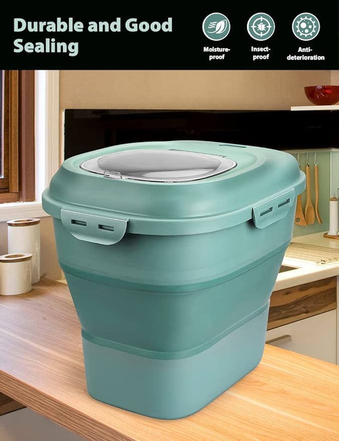 Cereal Rice Storage Containers, 20 to 50Lbs Collapsible Dry Food Dispenser Bins with Airtight Flip Lid Rolling Wheel, Kitchen Pantry to Store Sugar Flour, Dog Pet Cat Food Holder Container