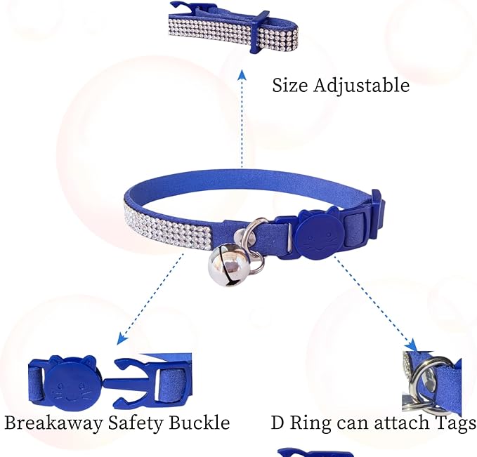 Rhinestone Cat Collar Breakaway Safety Buckle with Bell, Adjustable Diamond Girl Boy Kitty Cute Comfy Collar for Kitten Small Pets Rabbits, 7.5"-11" Blue