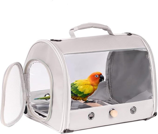 Small Bird Travel Carrier Cage for Long Tail Bird Parakeet Parrot, Includes Metal Tray Soft Mat and Wooden Standing Perch, Hands Free Lightweight Clear 2 Windows