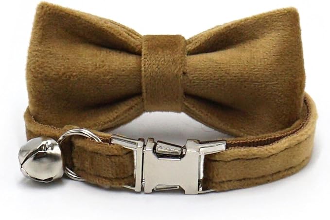 Personalized Cat Collar with Bells,Velvet Customized Small Cat Collar with Name Tag,Pet Collar with Name Phone Number Engraved ID Tags for Boy and Girl Kitten Cats (Camel Color)