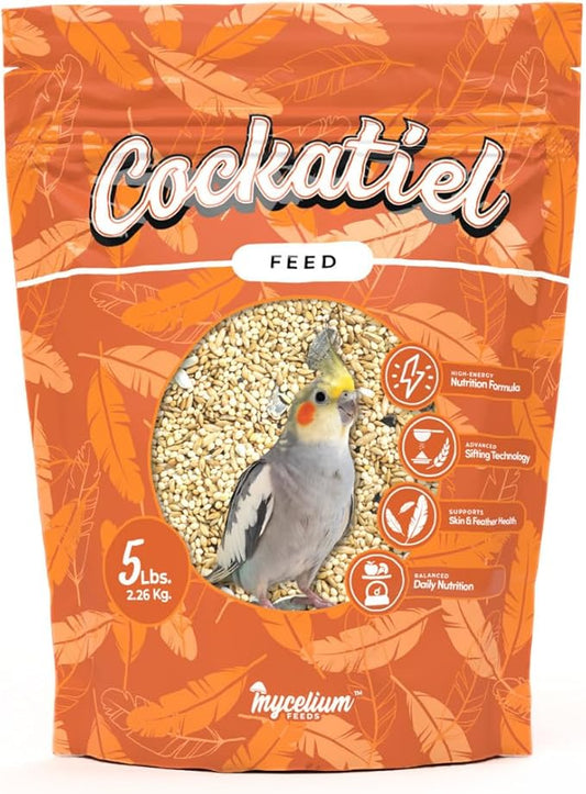 Mycelium Cockatiel Bird Food (5 LB Bag) | Organic Bird Seed for Cockatiels & Small Birds | Supports Feather Shine & Daily Energy | Premium Dust-Free Blend | Non-GMO & USA Made