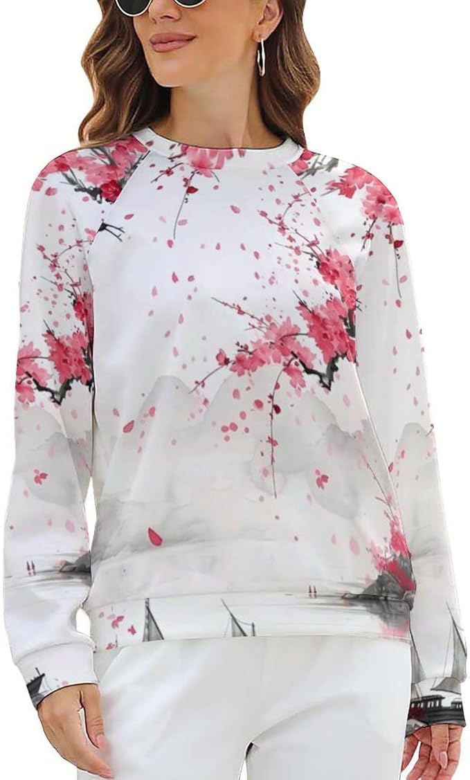Womens Long Sleeve Tops Y2k Japanese Art Print Sweatshirts Fall Pullover for Women Crewneck Vintage Shirts Boho Tops