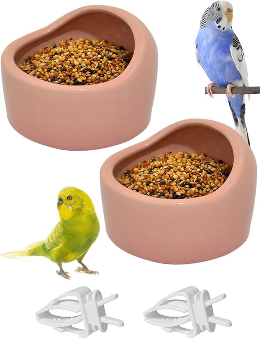 2 Pcs Bird Food Bowl Small Ceramic Bowls for Birds Parakeet Food Bowl Parrot Feeding Cups, Bird Cage Feeder with 2 Plastic Feeding Clips for Parakeets Conure Cockatiels Lovebird Budgie (Pink)