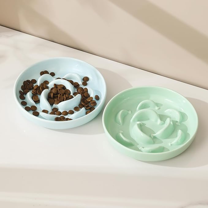 Ceramic Cat Slow Feeder Bowl - Pastel Series Cat Plate for Dry and Wet Food - Cute Maze Feeder Dish for Healthy Eating - Dishwasher Safe - 6.3''W x 1.2''H - 7 OZ - Pale Blue