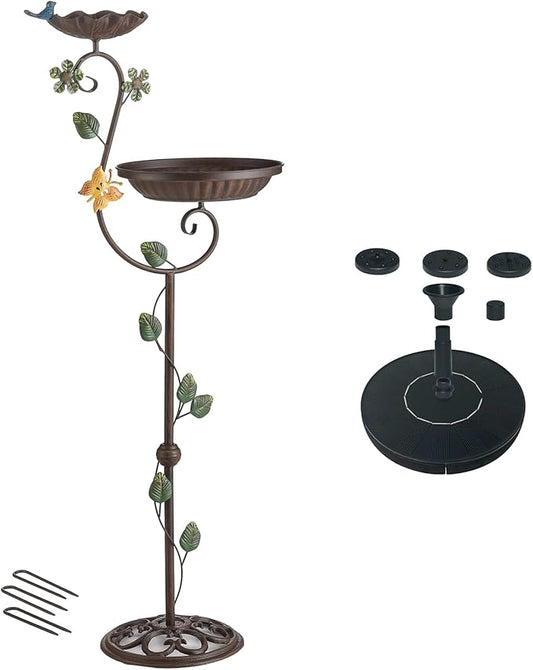 Bird Baths for Outdoors with Solar Fountain, 44" Tall Cast Iron Pedestal Bird Bath and Feeder, Vintage Sturdy Heavy Duty Birdbath Bowl, Decorative Birdbaths for Outside Garden Yard Porch