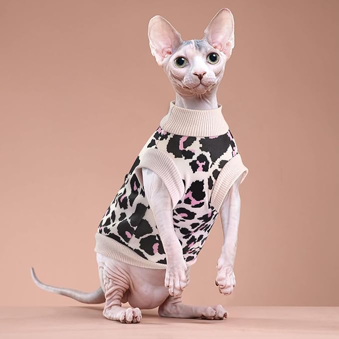 Idepet Cat Clothes Kitten Sweater Soft Kitten Shirt Cute Leopard Print Kitty Vest Pullover Pajamas Jumpsuit Cotton Apparel for Hairless Cats & Puppy (Pink,XS)