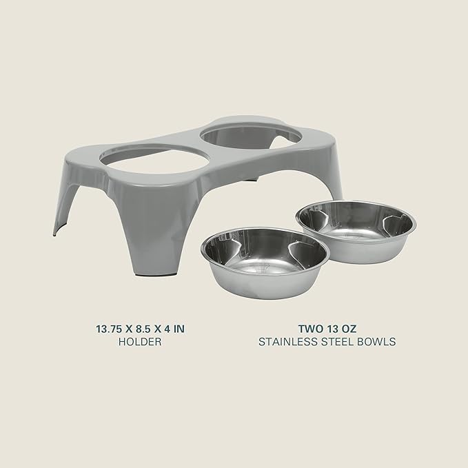 Gibson Home Bow Wow Meow 3-Piece Elevated Dog Bowl Set – Bone-Shaped Raised Feeder with 2 Stainless Steel Bowls for Medium to Large Dogs, Non-Slip, Easy to Clean, Grey