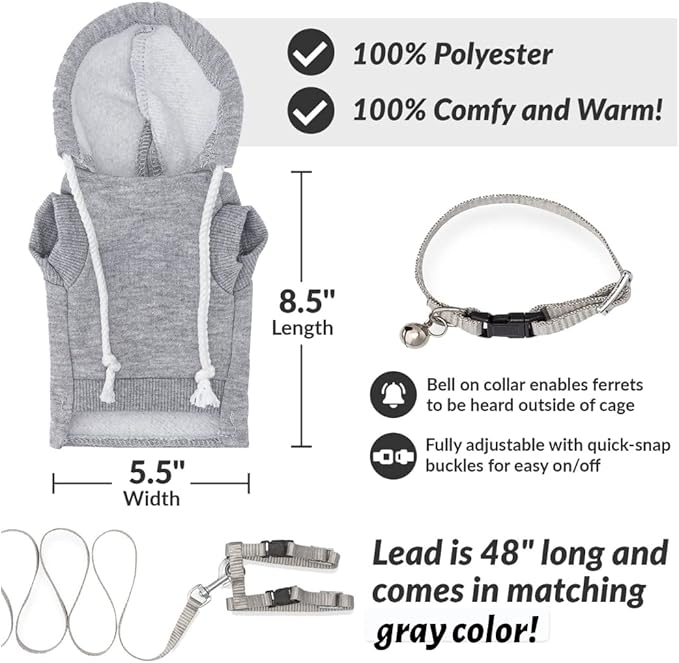 Gray Ferret Sweater, Harness, and Leash Set - Clothes for Small Pets - Ferret Stuff and Accessories - Hoodies for Ferrets - Small Pet Accessories