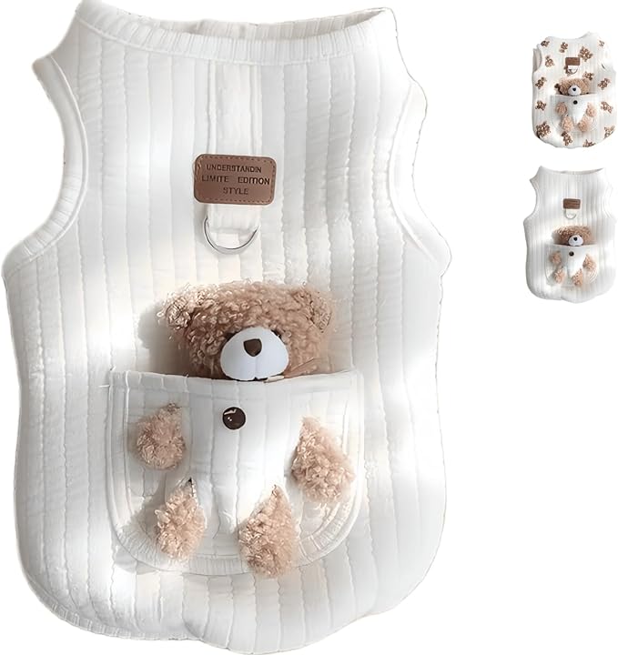 Cute Pet Apparel Plush Bear Pattern Cartoon Dog Clothes All Season Sleeveless Puppy Kitten Pullover Soft Skin-Friendly (White1, M (4.4-7.7lbs))