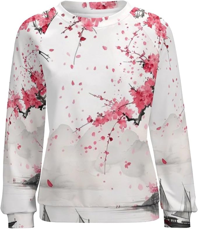 Womens Long Sleeve Tops Y2k Japanese Art Print Sweatshirts Fall Pullover for Women Crewneck Vintage Shirts Boho Tops