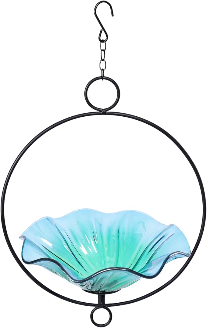 MUMTOP Hanging Bird Bath-Bird Baths for Outdoors - Flower Glass Bird Water Bowl with Hanging Circle, Bird Feeders for Outside, Garden, Lawn Yard Decor（Cyan）