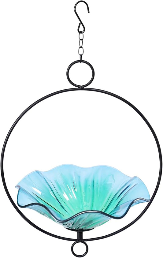 MUMTOP Hanging Bird Bath-Bird Baths for Outdoors - Flower Glass Bird Water Bowl with Hanging Circle, Bird Feeders for Outside, Garden, Lawn Yard Decor（Cyan）