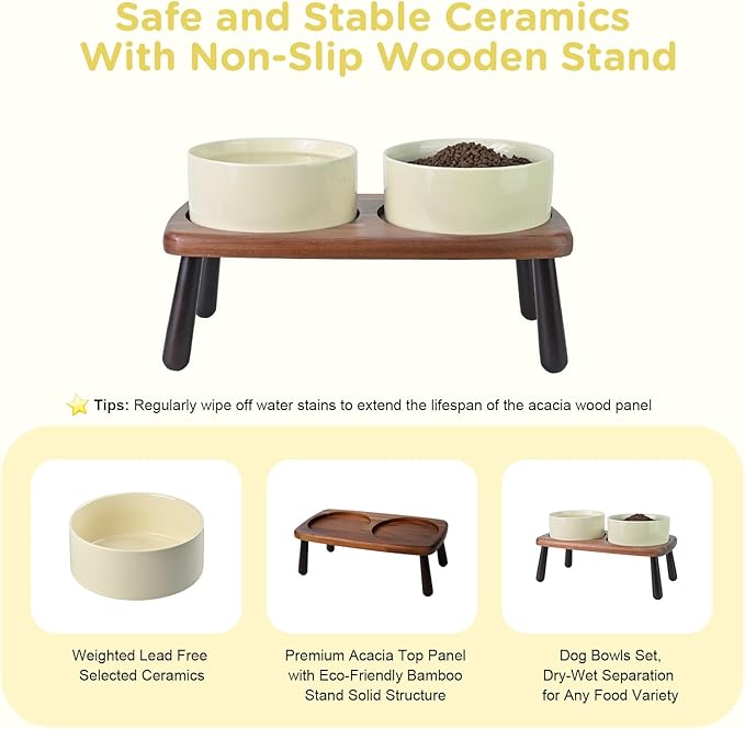 SPUNKYJUNKY Ceramic Elevated Dog Bowls Raised with Acacia Bamboo Wooden Stand, 6.1'' Dog and Cat Food Water Bowls Set Non-Slip for Small Medium Sized Breed Microwave Dishwasher Safe - 28.7 OZ,Beige
