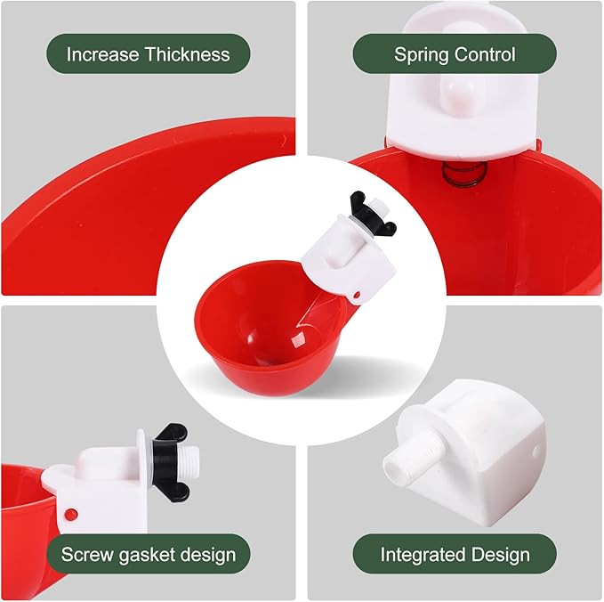 Chicken Waterer Cups (8 Pack/Red) - DIY Automatic Large Chicken Water Feeder for Ducks,Chicks, Turkeys, Quail, Bunny, Bird and Other Various Poultry Dispenser with Matching Drill