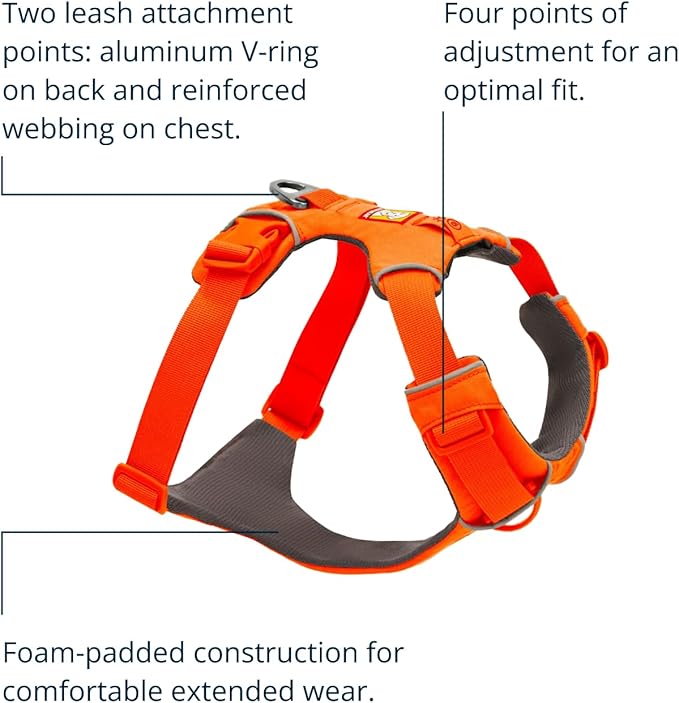 Ruffwear, Front Range Dog Harness, Reflective Soft Padded Everyday Harness with Dual Leash Clips, Adjustable and Lightweight Fit for Training or Walking for All Dogs, Blaze Orange, XX-Small