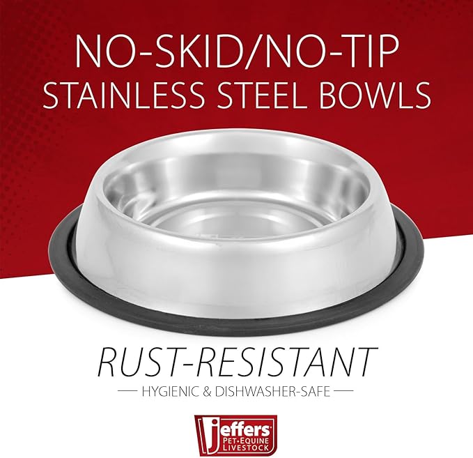 Jeffers Pet Stainless Steel Dog Bowl – No Skid, No Tip Food & Water Bowls for Puppies, Small, Medium, Large Breeds – Heavy Duty, Dishwasher Safe Feeder for Indoor, Outdoor, Travel Use – 1 Pint