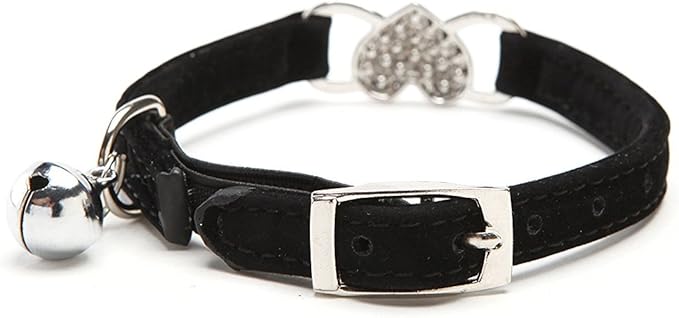 CHUKCHI Heart Bling Cat Collar with Safety Belt and Bell 8-11 Inches (Black)