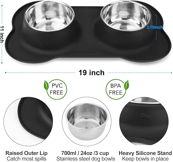 AsFrost Dog Food Bowls Stainless Steel Pet Bowls & Dog Water Bowls No Spill Non Skid, Feeding Bowls with Dog Bowls Silicone Mat for Small Medium Large Size Dogs, Cat Pet Dog Dishes Set, Black, 3 Cup