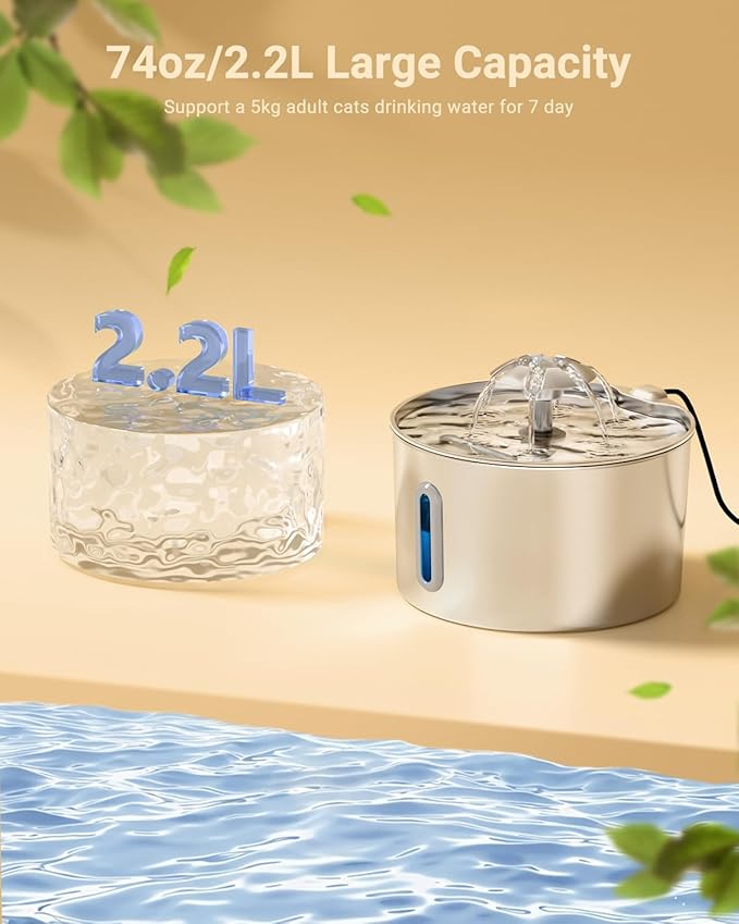 Cat Water Fountain Stainless Steel - 74oz/2.2L Corded Pet Water Dispenser Automatic Silent Cats Dispenser for Drinking Inside Indoor Metal Kitty Spout Fountain with 3 Filters & 3 Sponges