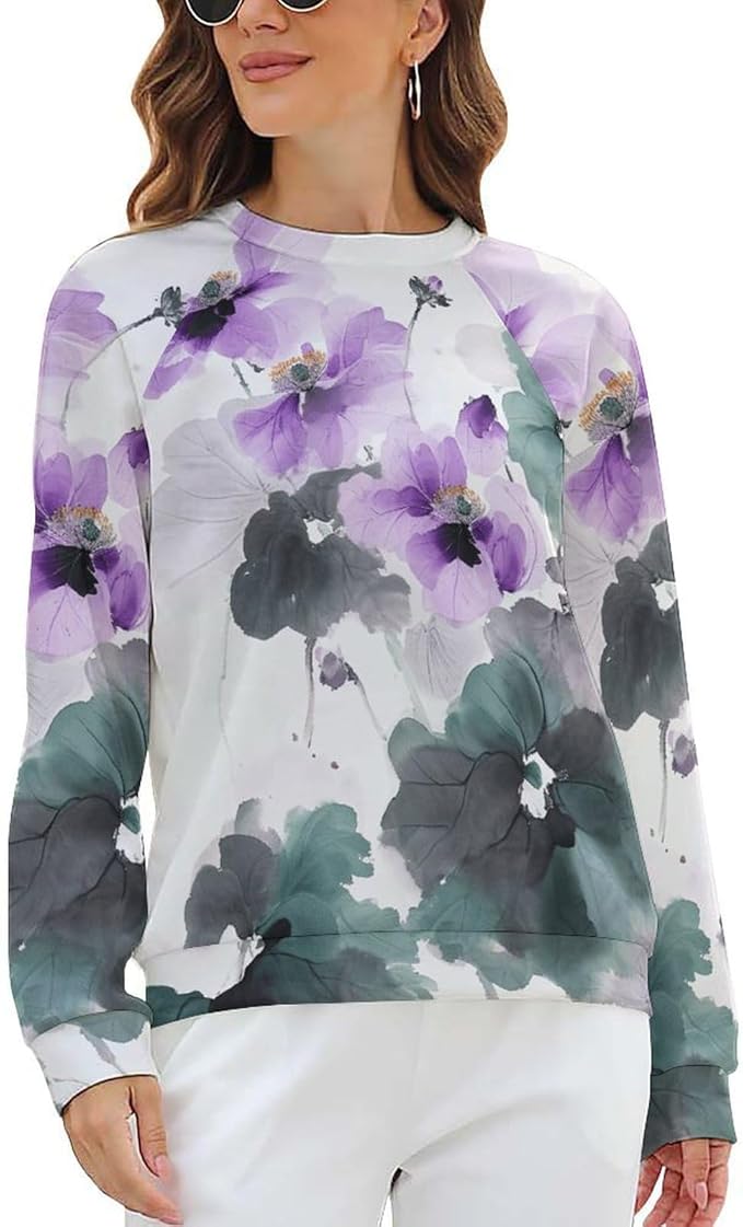 Womens Long Sleeve Tops Y2k Japanese Art Print Sweatshirts Fall Pullover for Women Crewneck Vintage Shirts Boho Tops