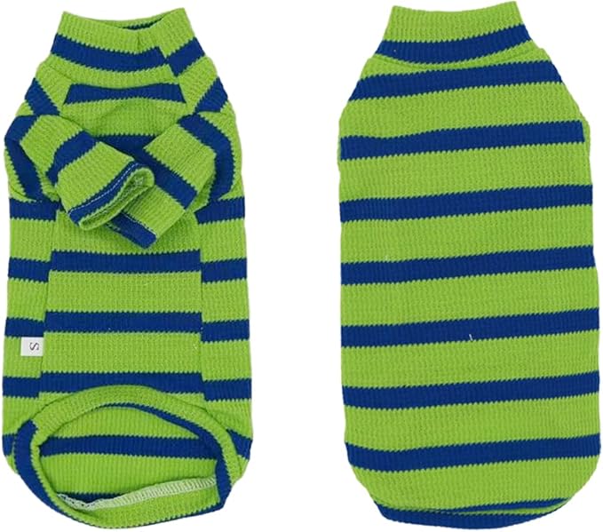 Striped Waffle Knit Shirt for Sphynx Cat, 2-Leg Long Sleeve Lightweight Outfit for Hairless Cats, Soft All-Season Pet Clothes (Green, XXX-Large (12-15 lbs))