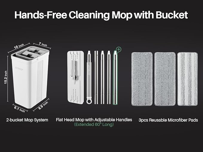 JOYMOOP Mop and Bucket with Wringer Set, White Flat Squeeze Bucket Set for Floor Cleaning, Wet Dry Wall Cleaner with Long Handle, Hardwood Floor Mop-3 Microfiber Cloths