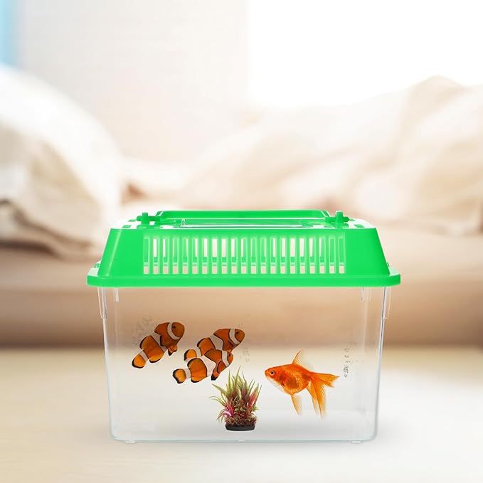 Portable Fish Tank Handheld Fish Tank,Plastic Mini Fish Box Transparent Cutout Design, Plastic Aquarium with Handle for Turtle and Pet Fish (Random Color Lid)