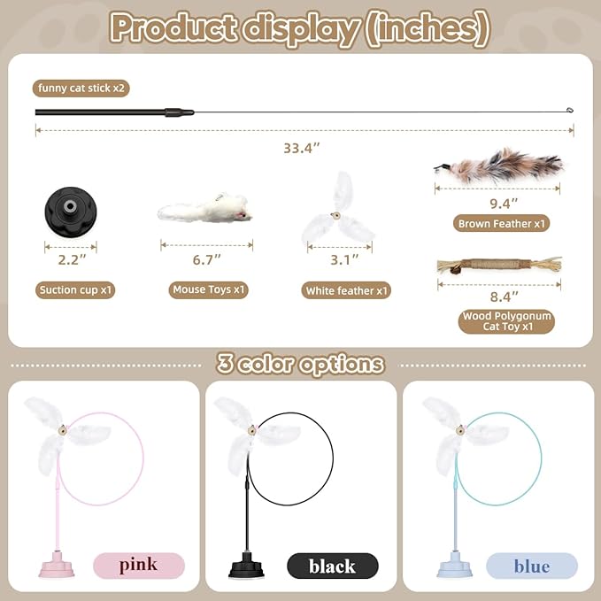 Suction Cup Cat Toys for Indoor Cats,3 in 1 Interactive cat Toys for Indoor Cats,Self Play or Handheld,Feathers & Bells,Realistic Toy Mouse and Silvervine Sticks(Pink)