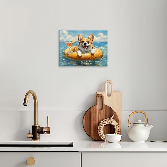 Ocean Funny Corgi Dog Pictures Wall Art, Bathroom Cute Dog Wall Decor Sea Coastal Framed Painting Beach Canvas Artwork for Bathroom Bedroom Living Room Decorations 20"L x 16"W
