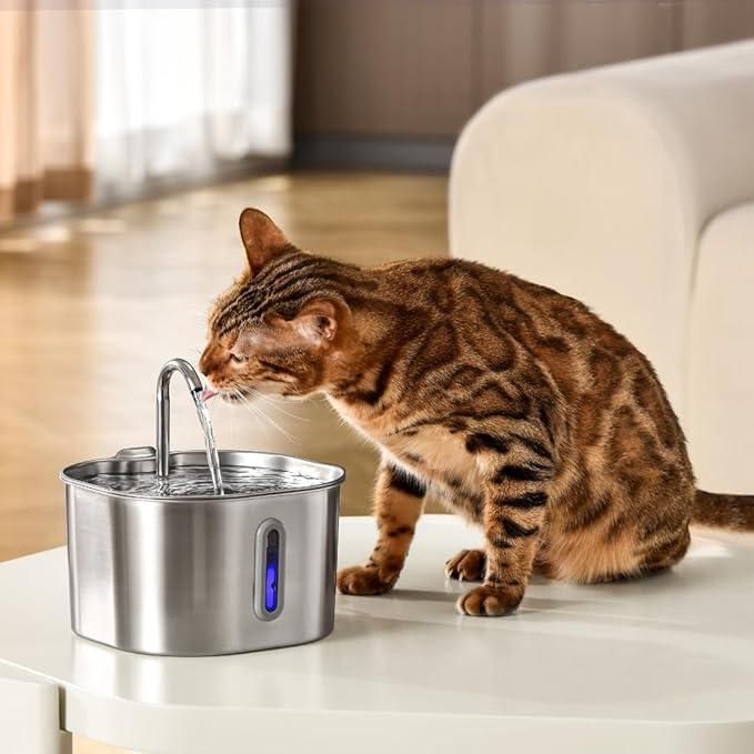 Stainless Steel Cat Water Fountain Automatic Drinking Fountain, Quiet Circulating Water Bowl, Dishwasher Safe, Indoor Pet Fountain for Hydrated Healthy Cats (Stainless Steel, 2.2L Corded)