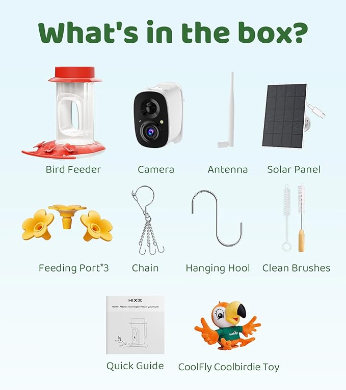 HIXX Smart Hummingbird Feeder with Camera Solar Powered with CoolBirdie Collectible, Ant Moat& Bee Proof, Easy Clean, Includes Limited Edition Plush Bird Toy, for Hummingbird Lover&Family