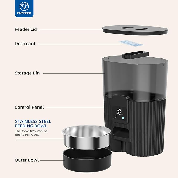 PAPIFEED Automatic Cat Feeder 3.5L/15 Cup 2.4G Bluetooth Pet Feeder for Dog Work with Alexa & Echo Timed Cat Food Dispenser for Remote Feeding with Stainless Steel Bowl up to 10 Meals Per Day with APP