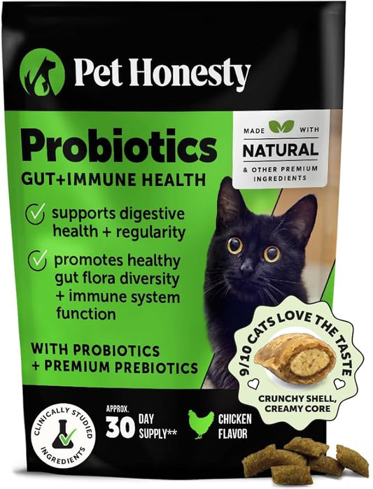 Cat Probiotics Gut + Immune Health Chews – Crunchy & Creamy Cat Treats for Digestive Health, Gut Flora & Constipation Relief – Supports Immunity, Regularity, & Healthy Digestion, 30-Day Supply Chicken