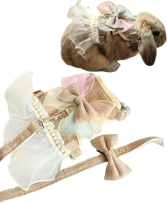 Rabbit Harness and Leash for Walking Escape Proof - Cute Skirt Mesh Breathable Bunny Vest Harness Outdoor Camping Hiking Training - Also Suit for Small Animals (Light Coffee,S)