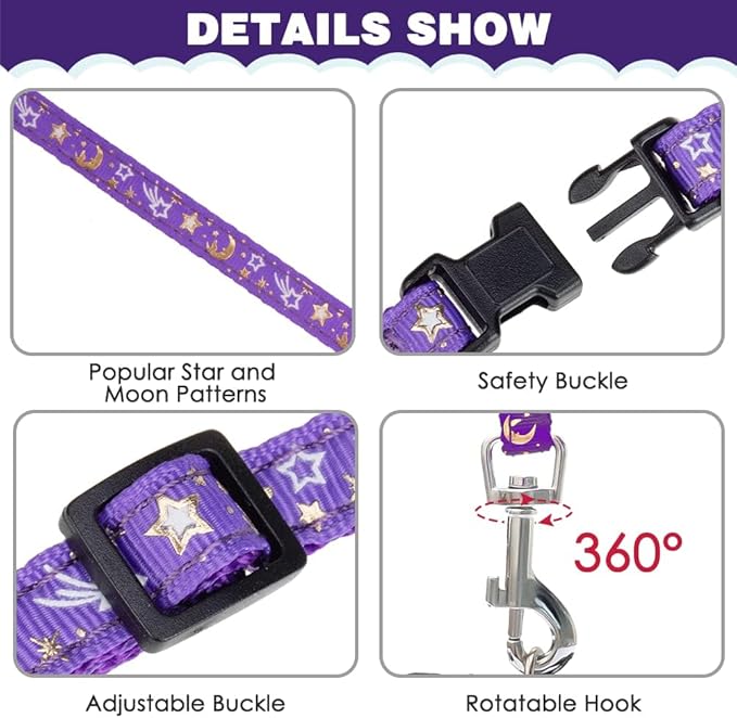 PAWCHIE Cat Harness with Leash and Collar Set - Escape Proof Adjustable H-shped Cat Harness with Star and Moon Pattern Glow in The Dark for Kitty Outdoor Walking