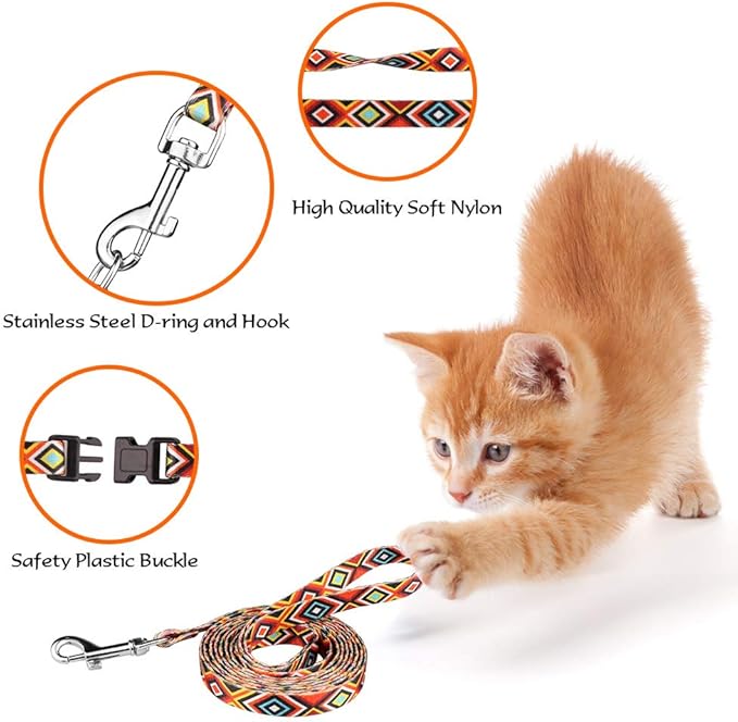 Cat Harness and Leash Set Geometric Pattern Escape Proof Adjustable for Kitty Outdoor Walking(Orange)