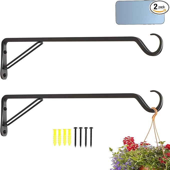 2 Pack Extra Long 18 Inch Heavy-Duty Rust-Resistant Solid Steel Plant Hangers and Bird Feeder Hangers for Indoor and Outdoor Decor, Wall Hooks