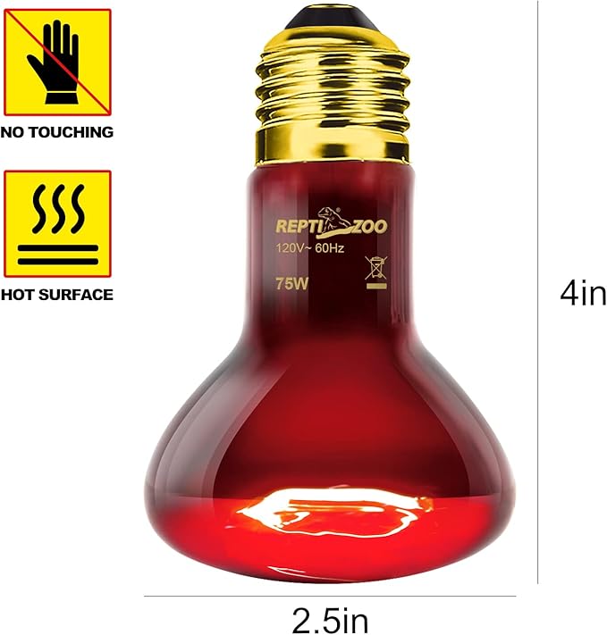 REPTI ZOO 75W Reptile Heat Lamp Bulb 2PCS Infrared Heat Emitter Red Heat Lamp for Reptile Amphibian, Infrared Basking Spot Light Bulb