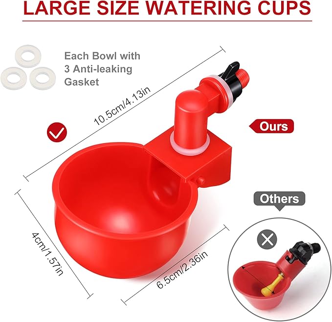 Patelai Chicken Water Cups, Chicken Waterer Cups Summer Water Feeder Cup 3/8 Inch Thread Automatic Filling Waterer Poultry Drinking Bowl for Duck Turkey Bunny(Red,6 Pieces)