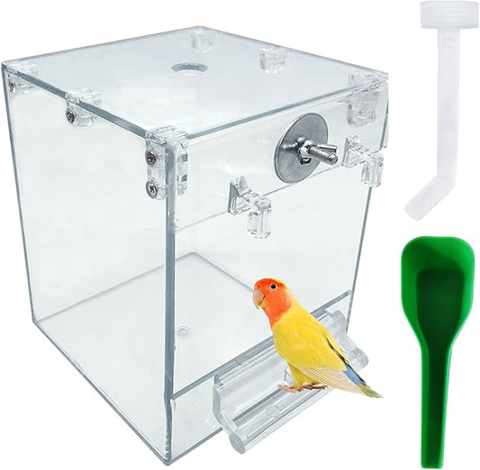 kathson Acrylic Bird Cage Bath Box,Parrot Hanging Tube Shower Box Birds Bathtub Cage Accessory with Water Injector Feeding Spoon for Small Pet Canary Lovebird Budgies Parakeets Cockatiel Conure(3 Pcs)