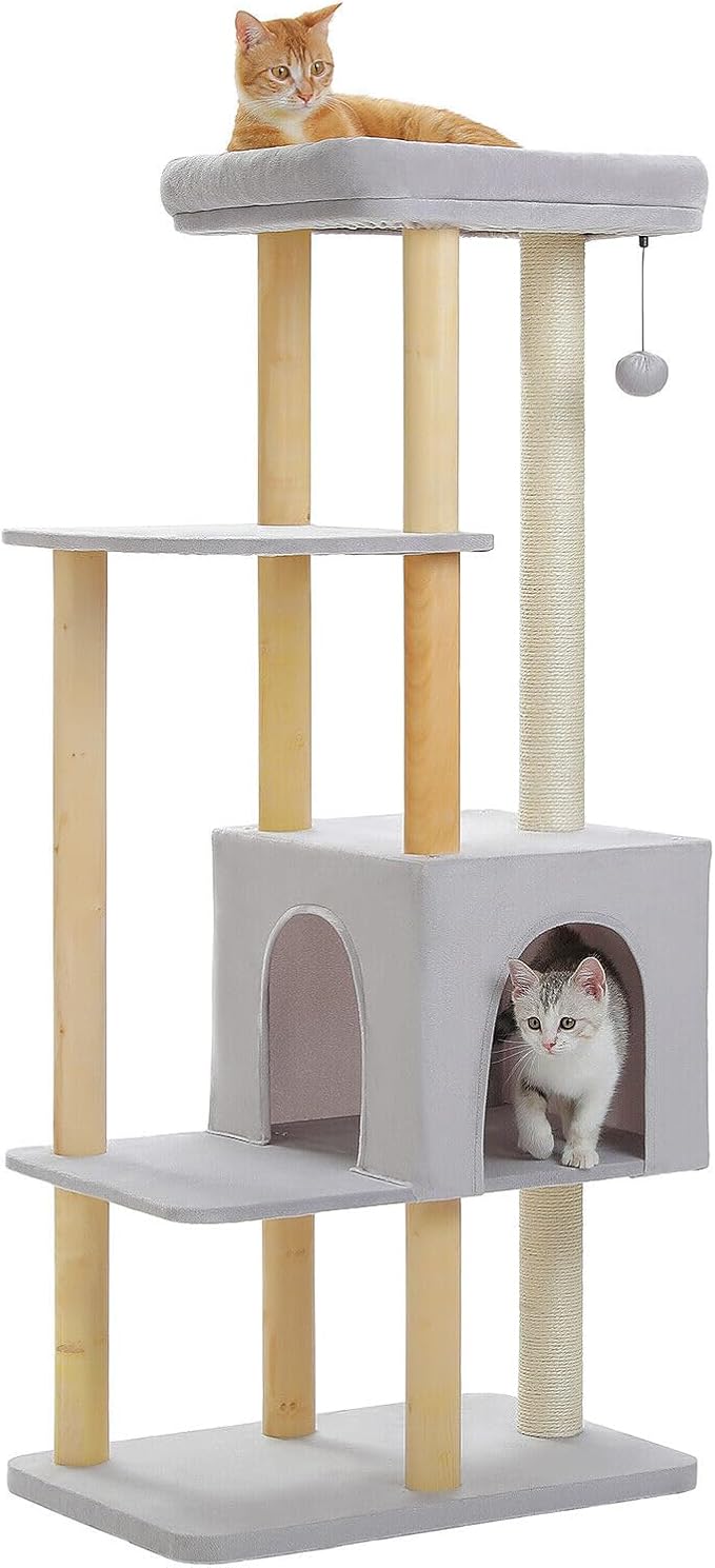 PAWZ Road Large Cat Tree, 53 Inches Modern Wooden Cat Tower for Indoor Cats, Multi-Level Cat Condos with Long Scratching Posts and Natural Wood Posts，Gray