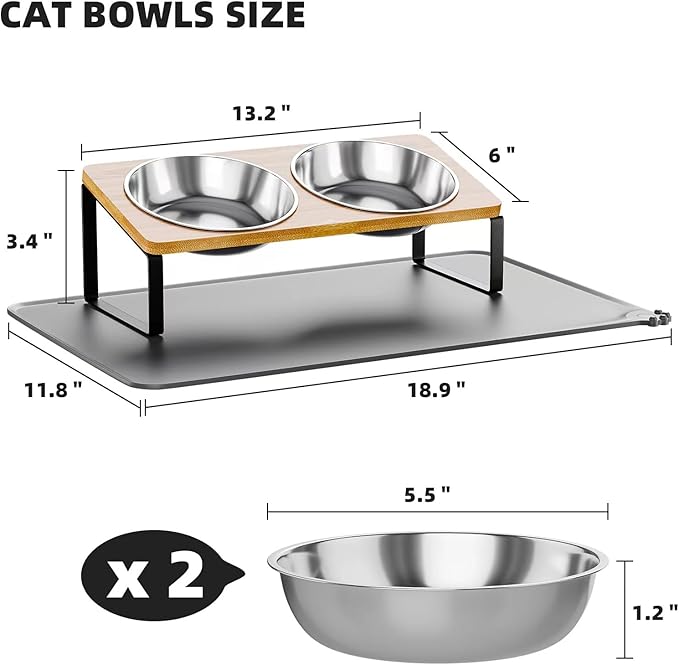 Elevated Whisker Friendly Cat Bowls, 15 Tilted Stand Anti Vomiting Raised Dishes for Food and Water, Stainless Steel Bowls for Cats and Puppy