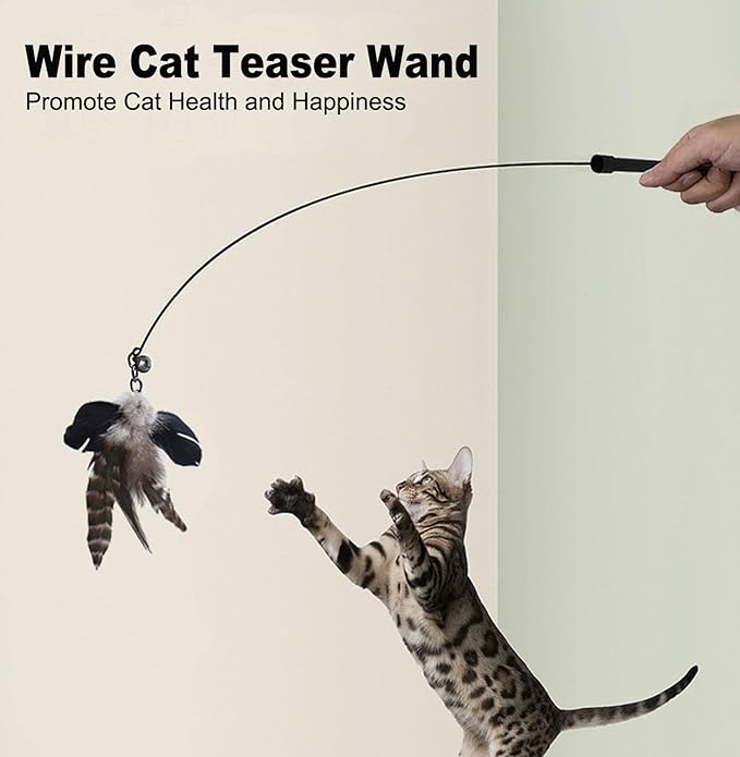 Cat Feather Toys, Indoor Cat Interactive Toys, 2 PCS Flexible Wire and 5 PCS Cat Feather Toys, for Bored Indoor Cats, Indoor Cat Chase Toys