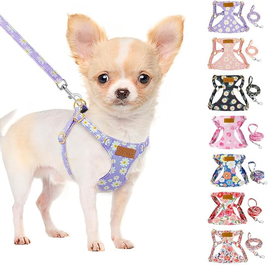 SlowTon No Pull Dog Harness with Leash - Soft Lightweight Floral Pattern Puppy Harness, Adjustable Pet Harness for Small Medium Dogs Doggie (Purple S)