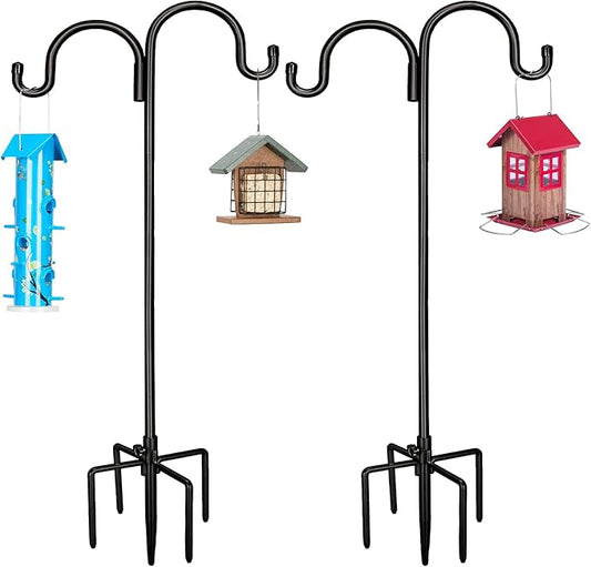 Kingsyard 2 Pack Adjustable Double Shepherds Hook for Outdoor - 92" Heavy Duty Bird Feeder Pole w/ 5-Prong Base, Hummingbird Feeder Stand for Garden, Plant Baskets, Halloween Solar Light Lantern