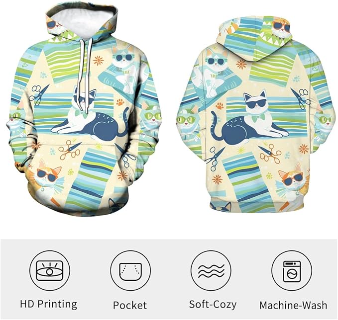 Unisex Adults 3D Dog Cat Printed Hoodies for Men Women Pullover Novelty Sweatshirts with Pockets