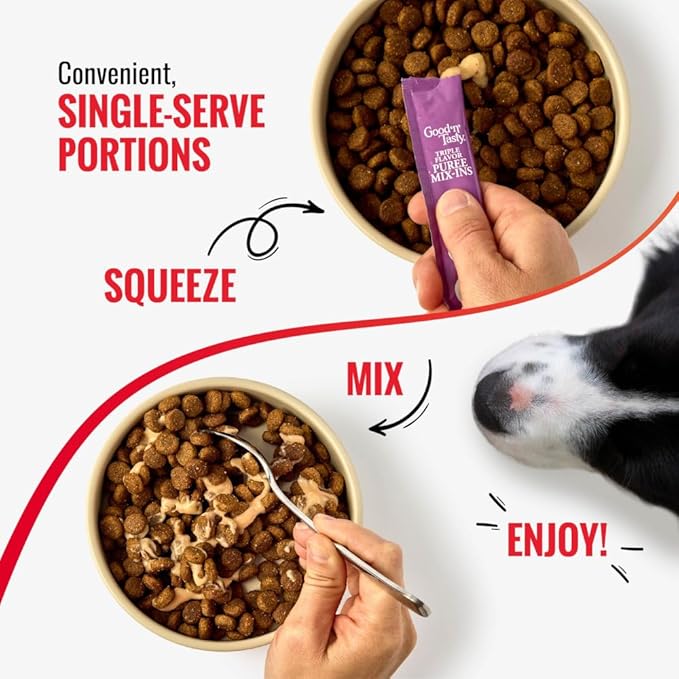 Good 'n' Tasty Triple Flavor Puree Mix-Ins Dog Food Topper Treats for All Dogs, 28 Count, Easy Single-Serve Portions, Added Protein with Duck, Beef and Rabbit, No Chicken Added