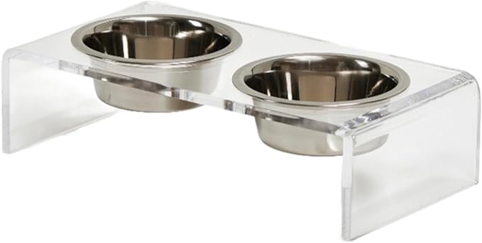 Hiddin Double Elevated Dog Bowl Stand for Small or Medium Dogs, All Breeds, Clear Acrylic 3.5 Inch Raised Dog Bowl Stand with Two Stainless Steel Bowls for Food and Water - 1.5 Cups Each Dish